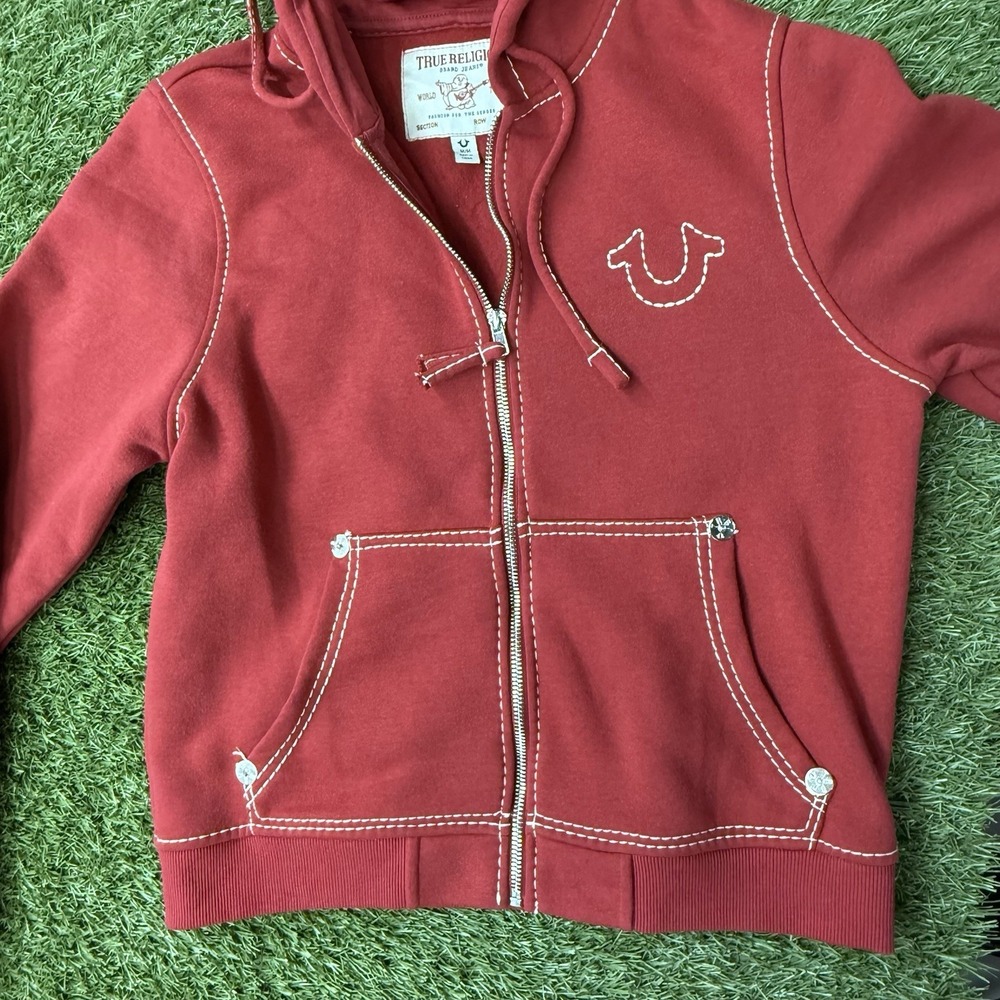 True Religion Womens Red Tracksuit Set Big T Stitch Zip Hoodie Joggers Medium M - Picture 6 of 7